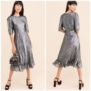 Sister Paul & Joe Anthropologie Majestee Metallic Silver Midi Dress $275 Size 6